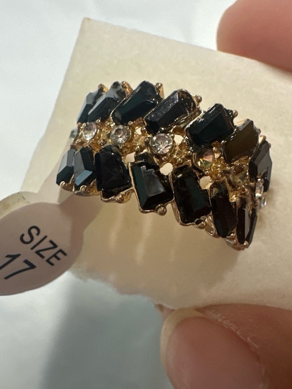 Gold-Tone Ring with Black Faceted Stones